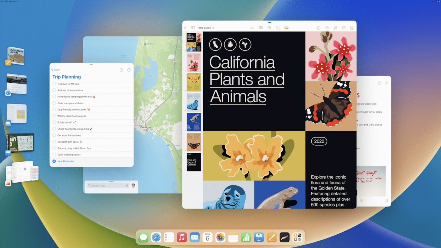 Image from Apple WWDC presentation showing Stage Manager features on iPad, including multiple overlapping app windows, with the dock below and more apps on the left.