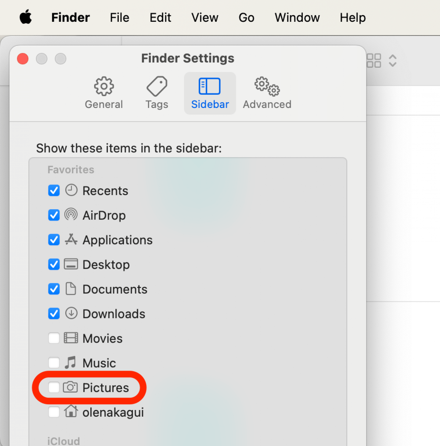Select the Sidebar tab, then make sure Pictures is checked.