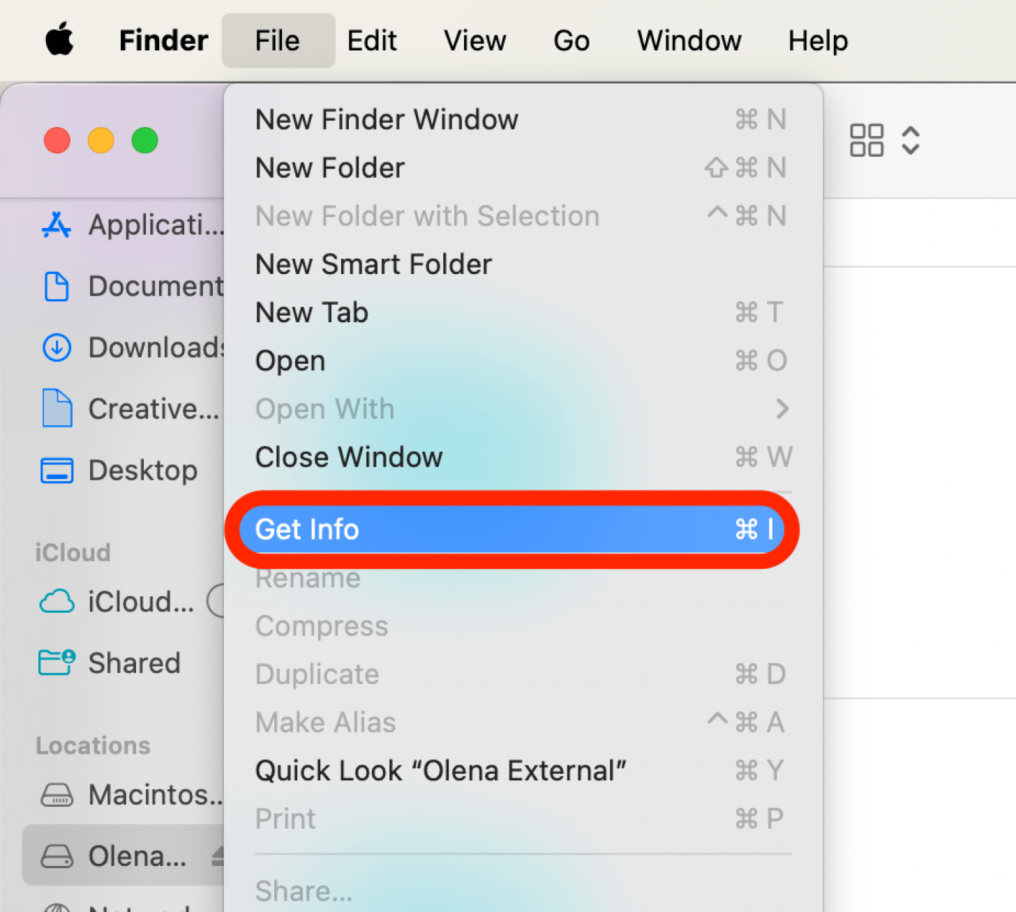 Open the Finder, click on your external storage device, click File, then click Get Info.