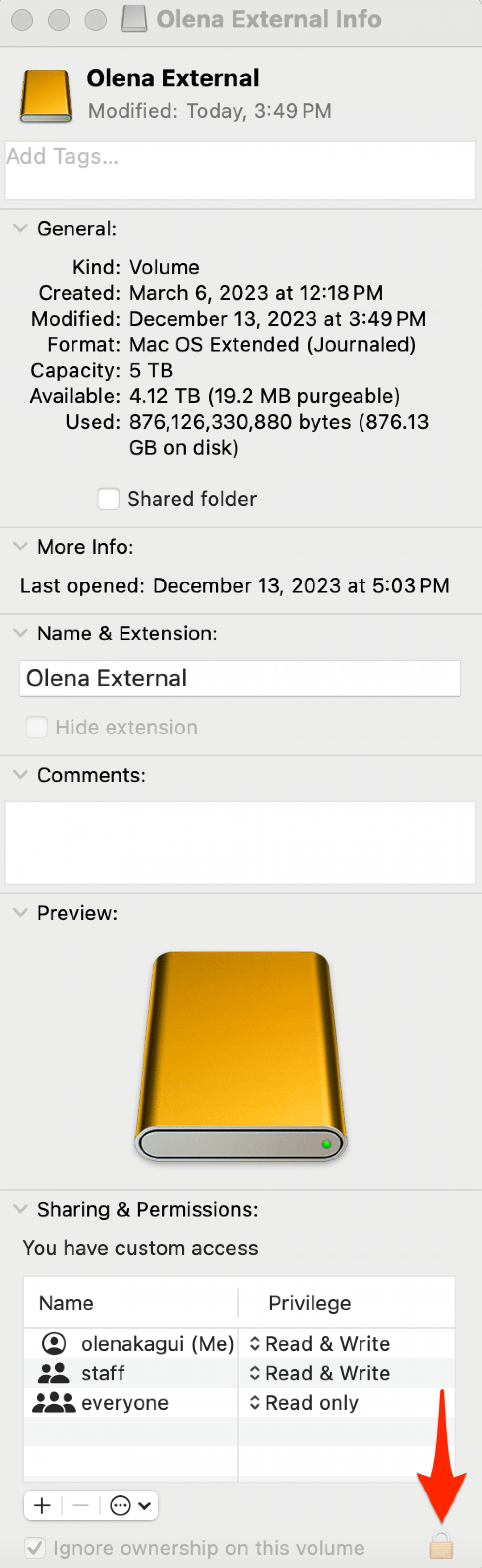 Click the arrow next to Sharing & Permissions to see all the data, and make sure that the box next to “Ignore ownership on this volume” is checked. If this box is unchecked and there's a lock icon next to it, click the lock icon and enter your password to change the setting. 