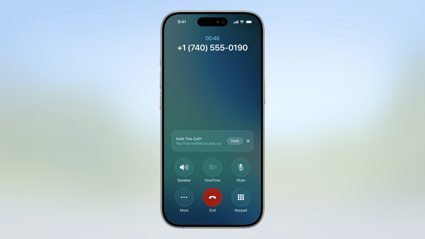 screenshot of a phone call on iOS 26 prompting the user to use hold assist
