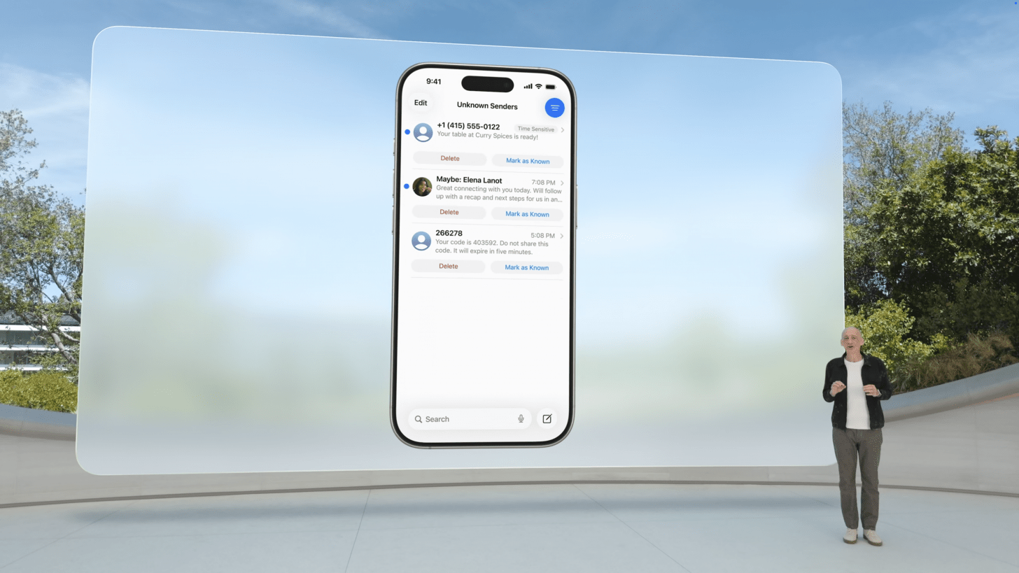 screenshot of the iphone messages app on iOS 26 showing unknown sender folder