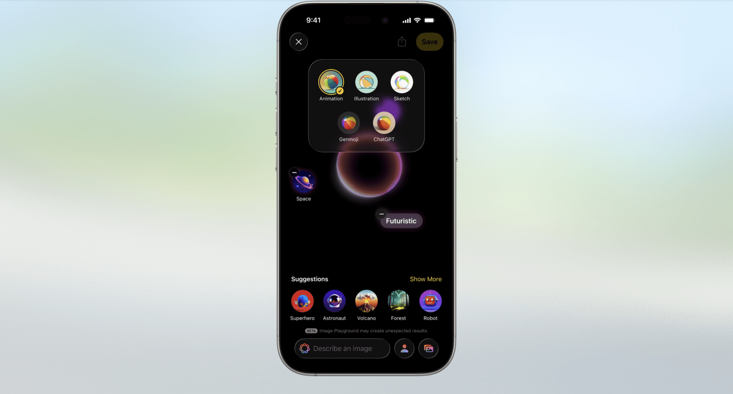 screenshot of image playground on iOS 26 showing new image generation features
