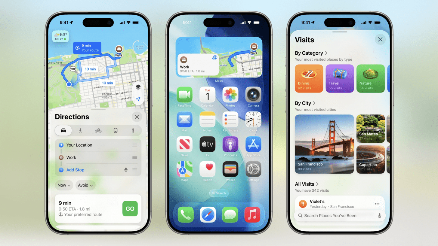 three screenshots of the maps app on ios 26 demonstrating many of the new features