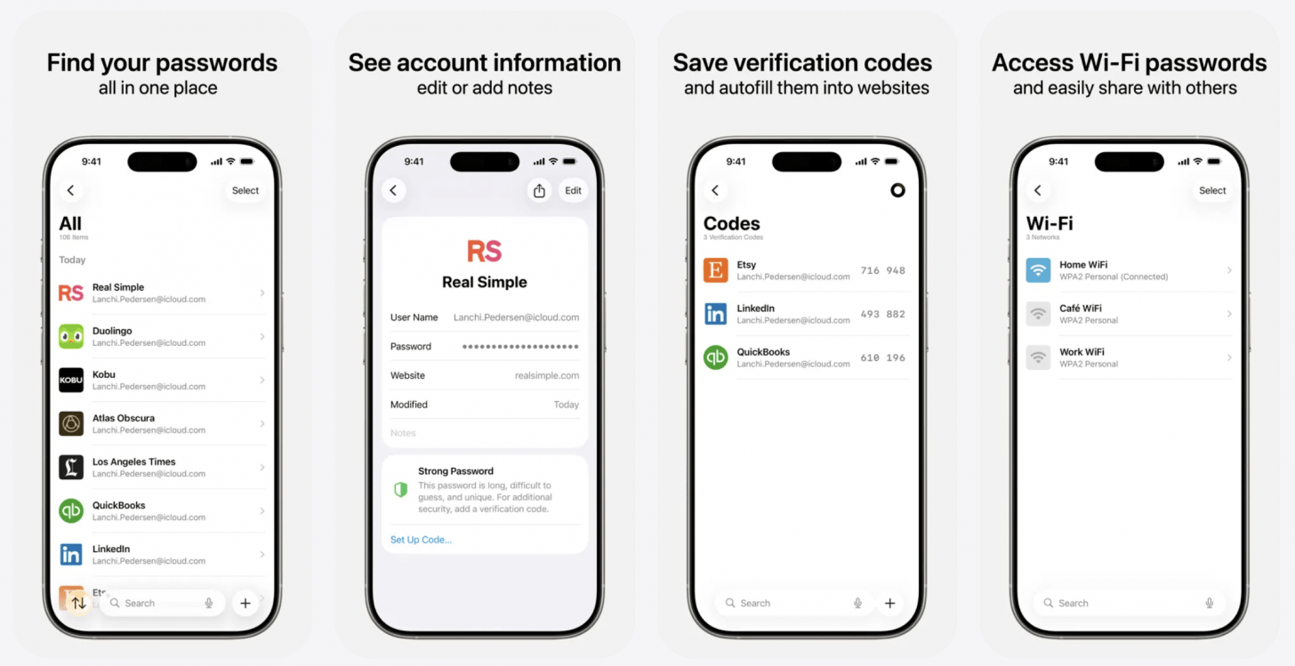screenshots of the iPhone Passwords app in iOS 26