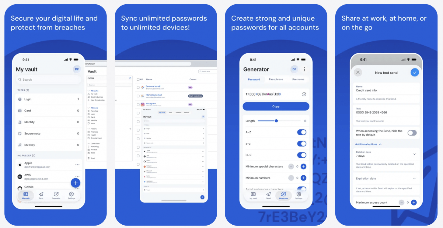 screenshots of Bitwarden password manager on the iPhone