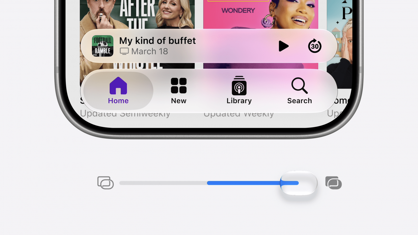 an image of an iphone showing an opaque user interface, with a slider below the iphone demonstrating how the opacity can be adjusted