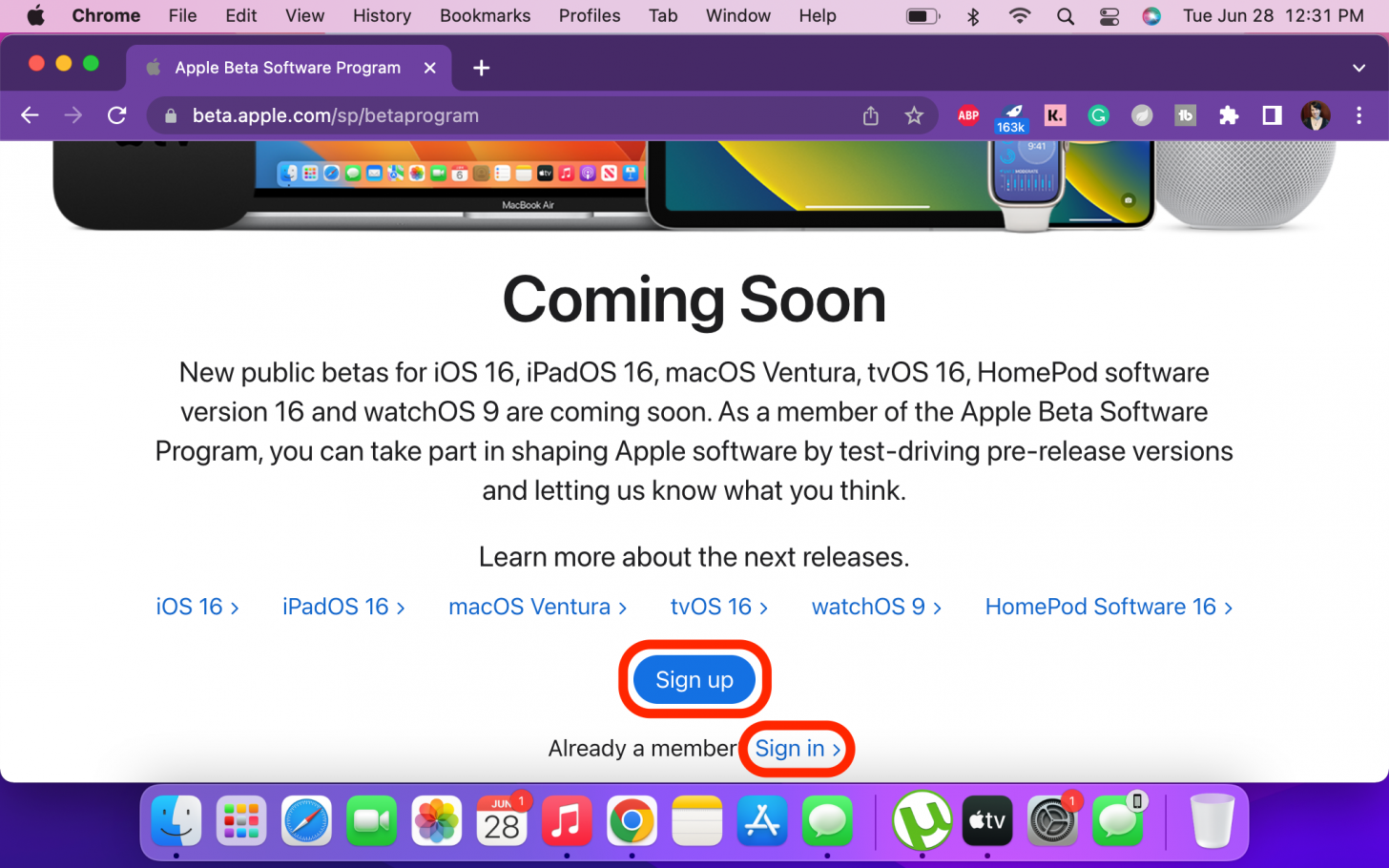Visit the Apple Beta Program page and click Sign In if you already have an account, or Sign up if you don't.