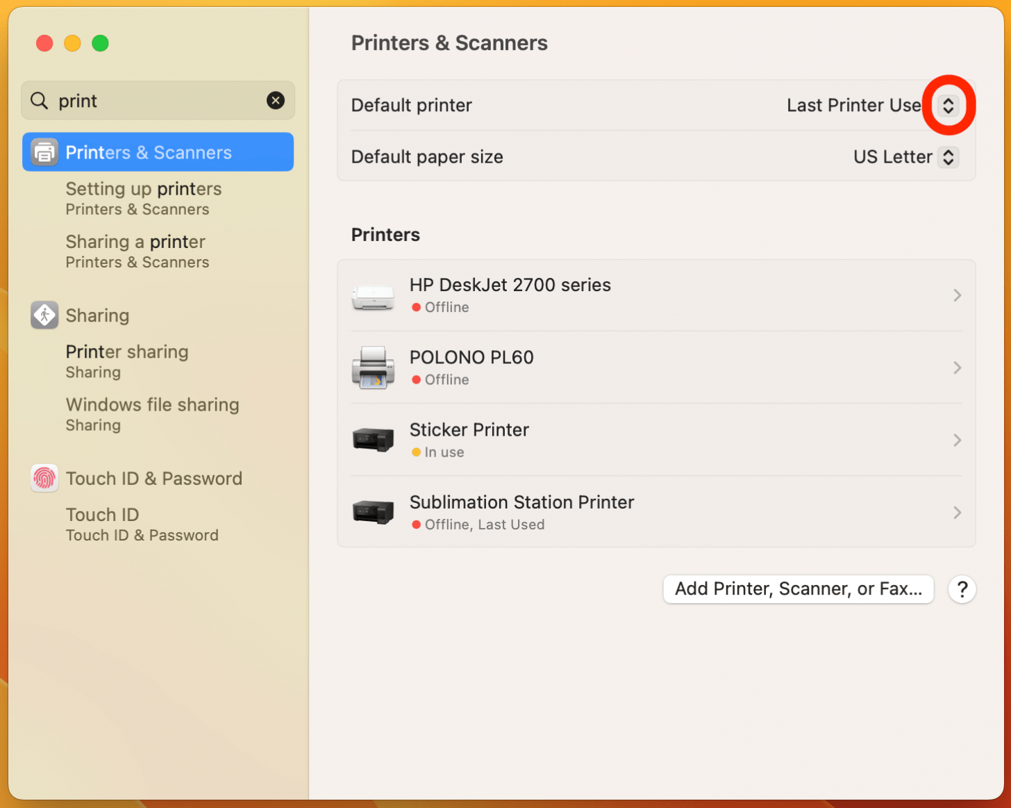 Next to Default Printer tap the up and down arrows.