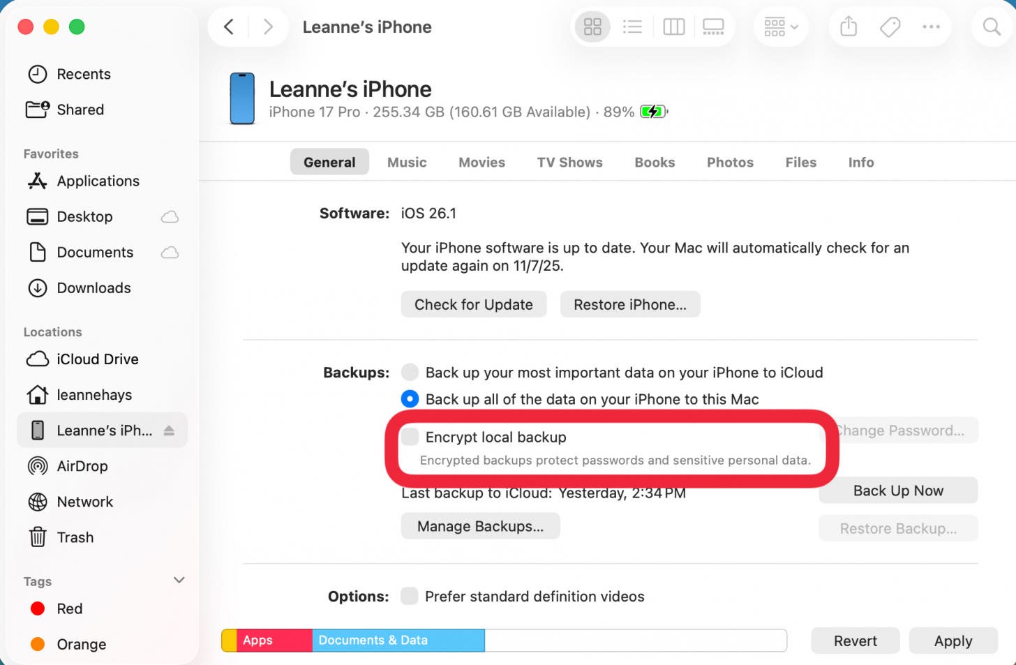 tap encrypt local backup on mac