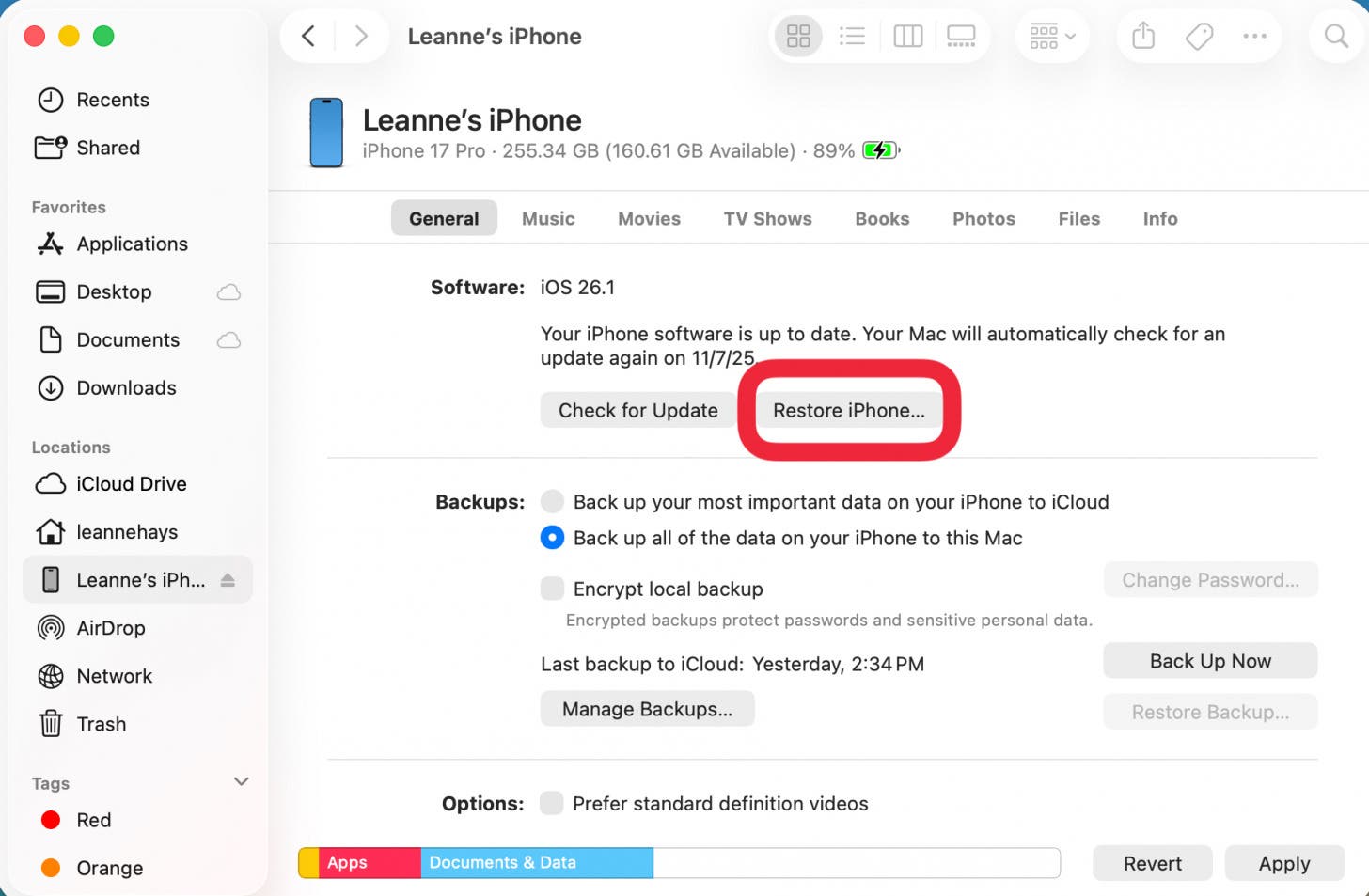 tap restore iphone in mac finder