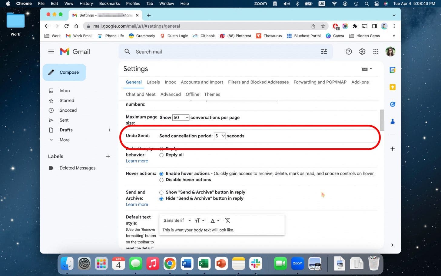 Next to Undo Send, click the drop down menu for Send Cancellation Period.