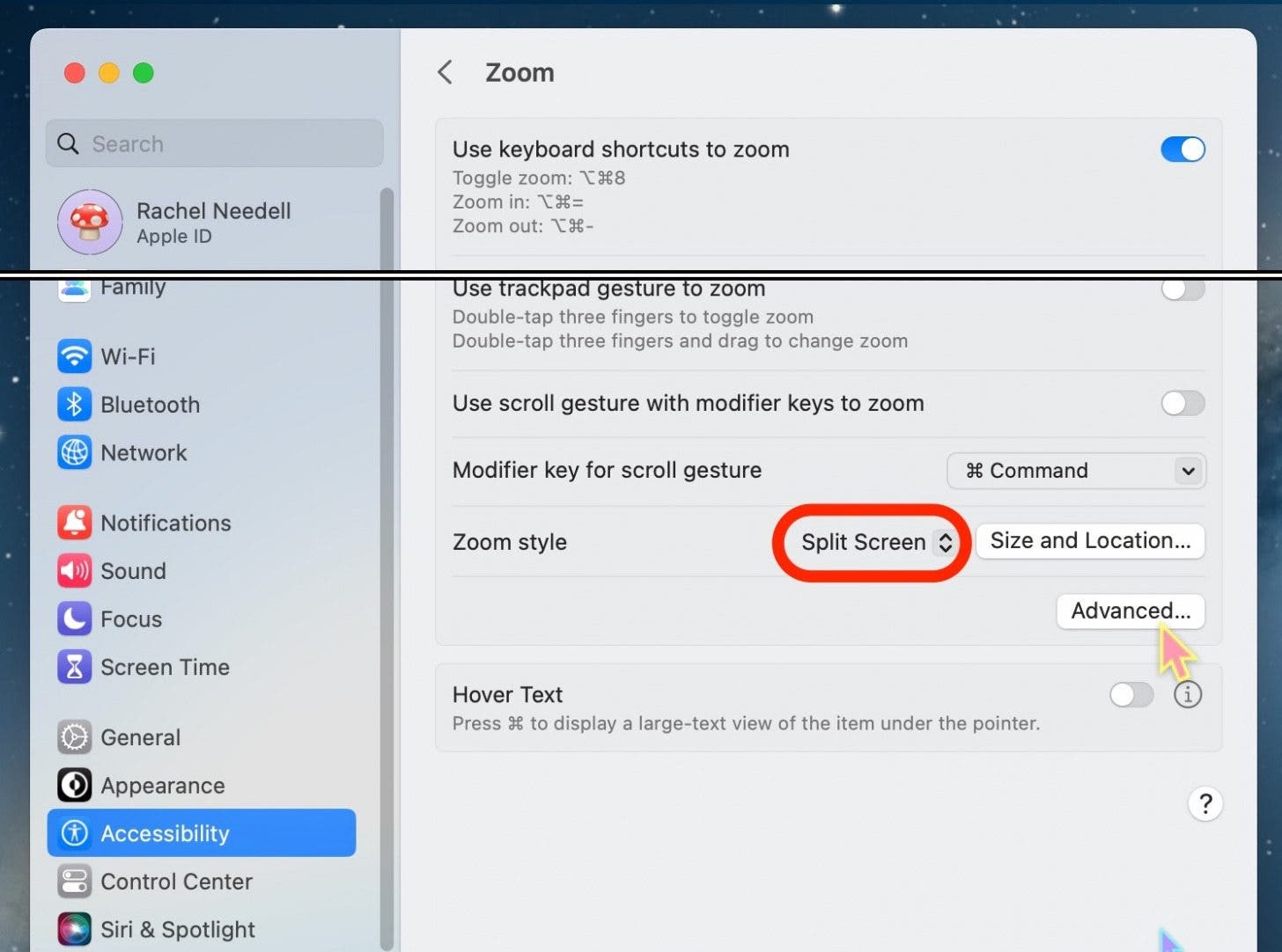 Or, choose Split Screen to turn half of your screen into the zoomed in image.