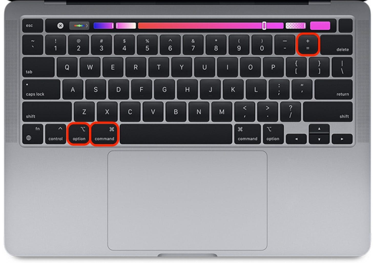 Press Option + Command + = at the same time to zoom in.