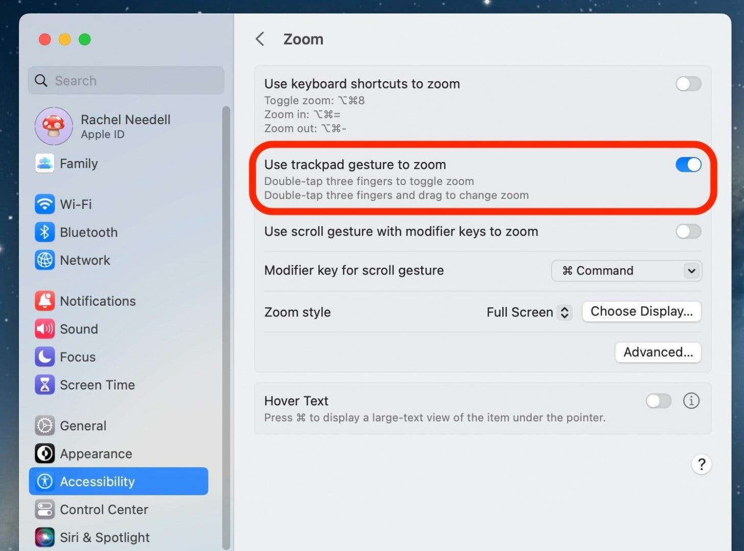 Toggle Use Trackpad Gesture to Zoom on. It will be blue when enabled.