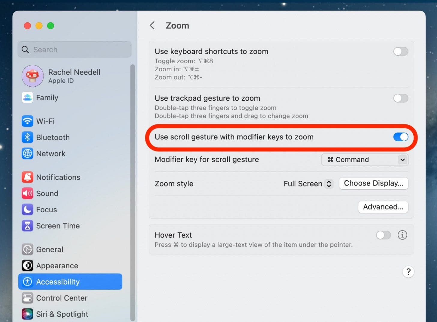 Toggle Use Scroll Gesture with Modifier Keys to Zoom on. It will be blue when enabled.