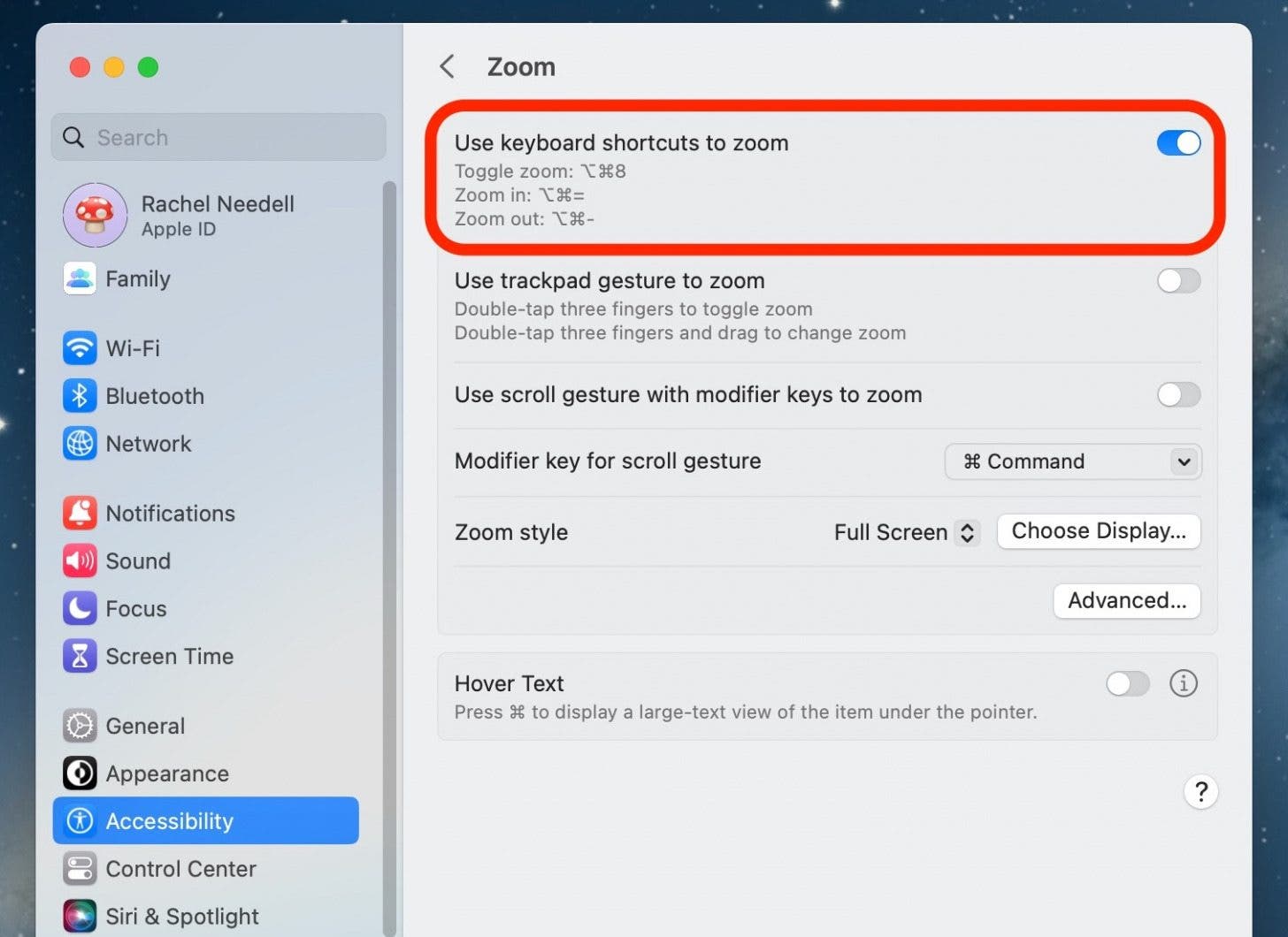 Toggle Use Keyboard Shortcuts to Zoom on. It will be blue when enabled.