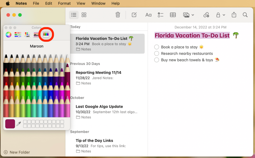 Click the colored pencils icon and select a pencil to change the color.
