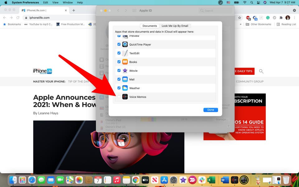 Under Voice Memos, click the empty square to select it. Then click Done.