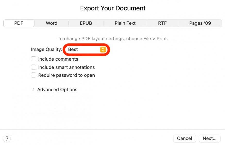 Convert Pages to PDF Step  4 - Choose image quality
