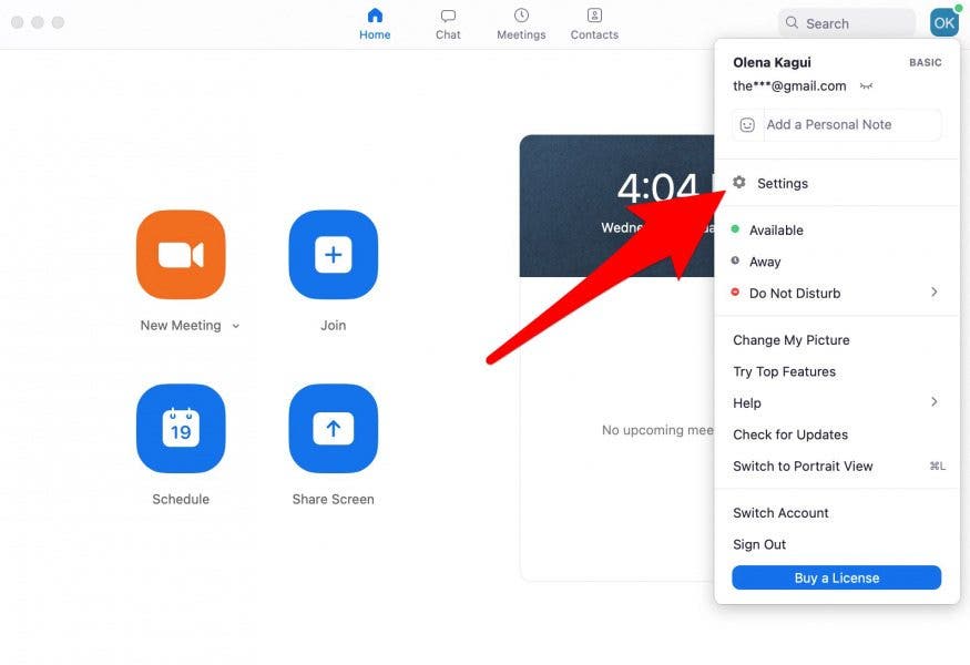 Select Settings in Zoom