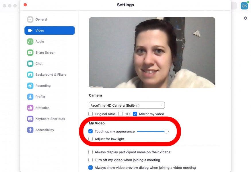 Check the box to Touch up Appearance on Zoom
