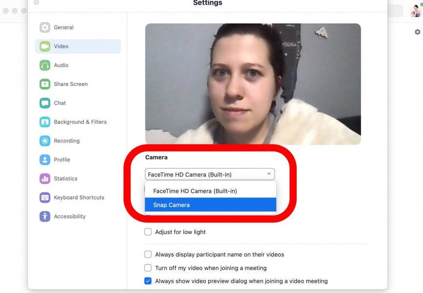 Select Snap Cam as your prefered camera