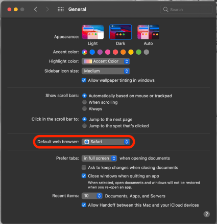 Click the Default web browser drop-down menu