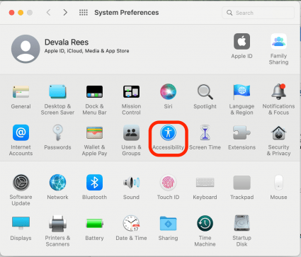 Click Accessibility to find the Mac cursor settings. 