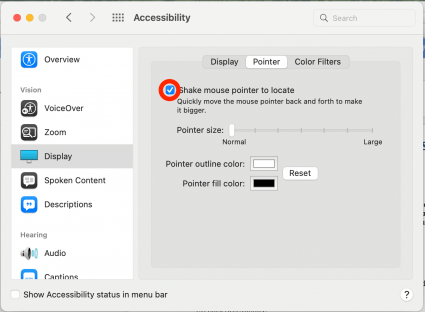 Shake mouse pointer to locate. When this checkbox is checked, if you quickly shake the mouse back and forth, the arrow will become huge for a moment so that you can easily find it.