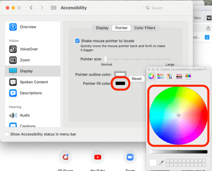 Pointer fill color: Click on the color rectangle, then choose the color that fills your cursor (inside the outline) using the color wheel.