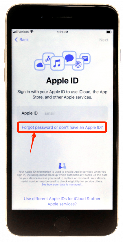 Since you don’t have one yet, you’ll select Forgot Password or Don’t Have an Apple ID. 
