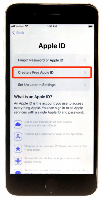 Select Create a Free Apple ID.
