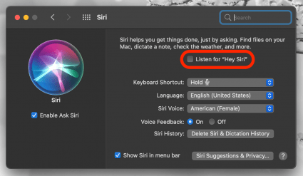 Listen for "Hey Siri" is disabled when there is no checkmark in the box next to it