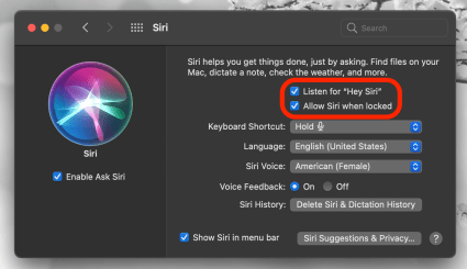 Listen for "Hey Siri" and Allow Siri When Locked are enabled when there are checkmarks in the boxes next to them