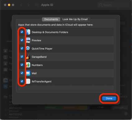 Select files to back up then click done
