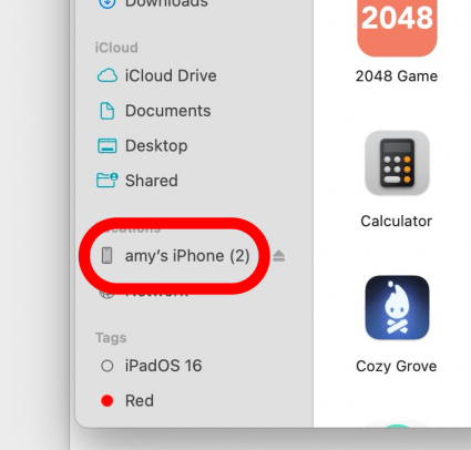 macos finder with a red box around "amy's iPhone" in the sidebar