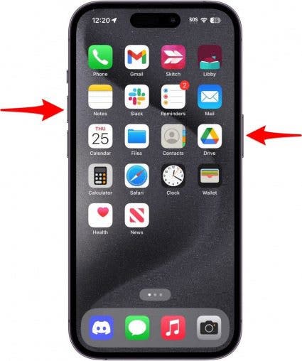 iphone 15 with red arrows pointing at the power button and the volume up button