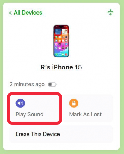 icloud find my website displaying device details with a red box around play sound button