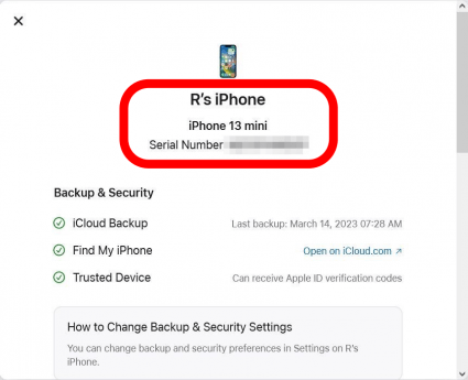 On this screen, you'll see the serial number at the top. Below it, you'll see more information about this device.
