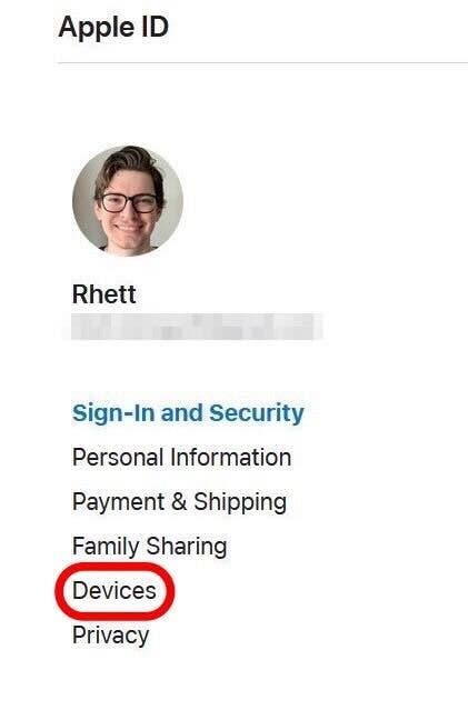 You'll see a page of information about your account. On the left side of the screen, click Devices.