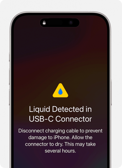 a screenshot of an iphone screen that is completely black aside from text that says liquid has been detected in the charging port