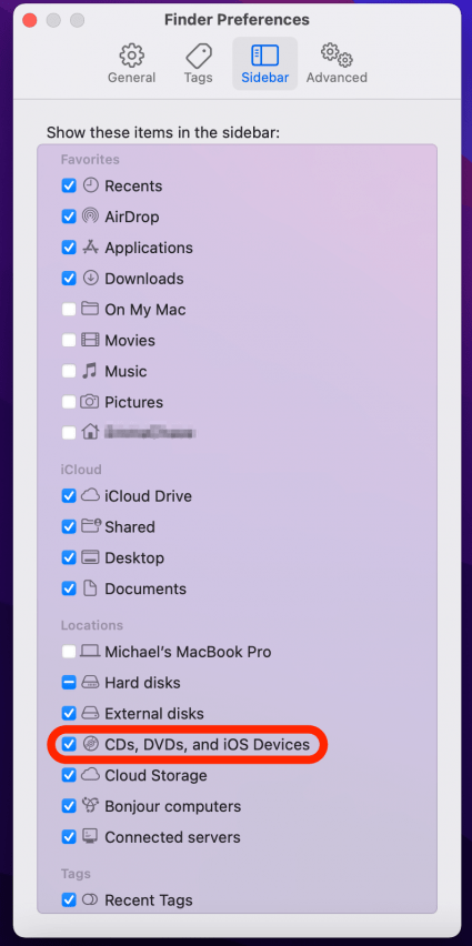 click checkbox next to CDs, DVDs, and iOS Devices for how to link iphone to mac