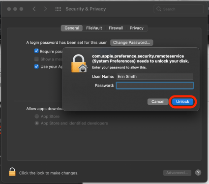Enter your Mac password and click Unlock