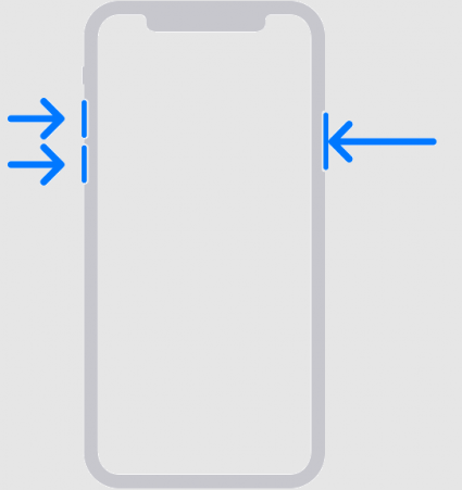 iphone x diagram with blue arrows pointing at the volume up, volume down, and side buttons