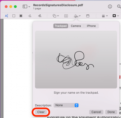 Click Clear to restart creating a signature for PDFs on Mac.