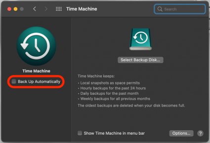 Click Back Up Mac Automatically to all automatic Mac backups