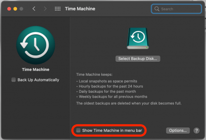 Check Show Time Machine in menu bar