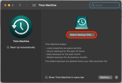 Select Backup Disk to back up mac