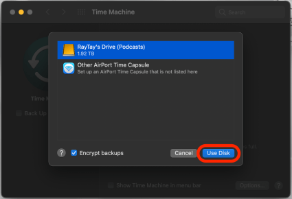 Click Use Disk to use the selected disk to back up your mac